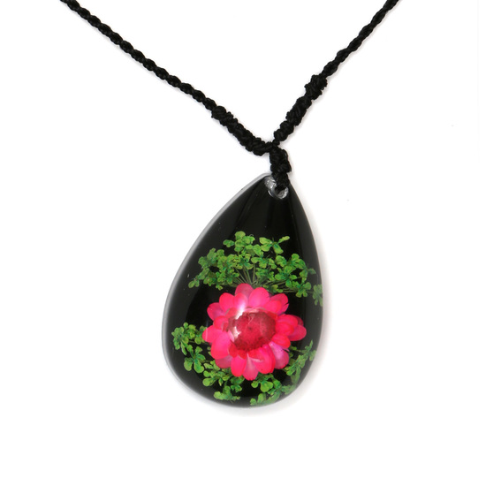 Pink pressed flower in black resin teardrop pendant...