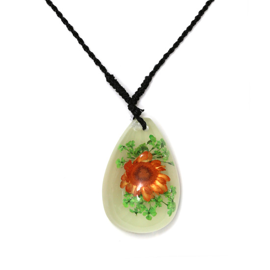 Orange pressed flower in white resin teardrop...