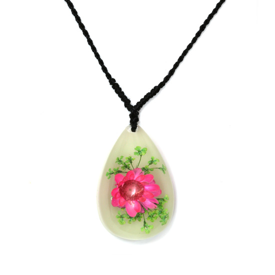 Pink pressed flower in white resin teardrop pendant...