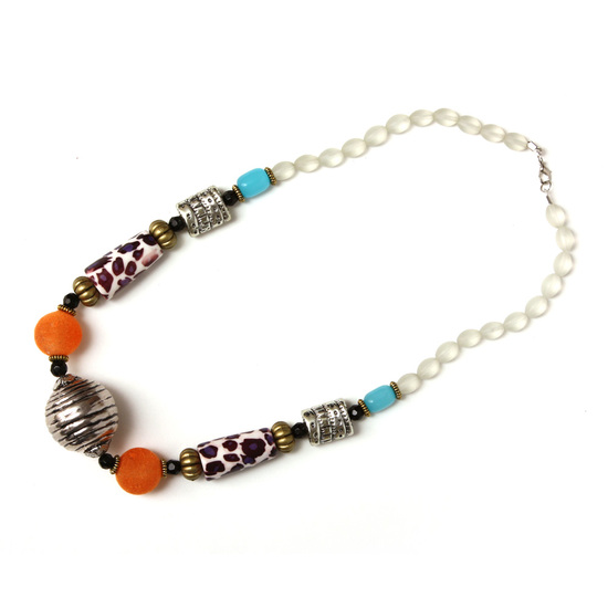 Leopard print with orange and silver tone beads...