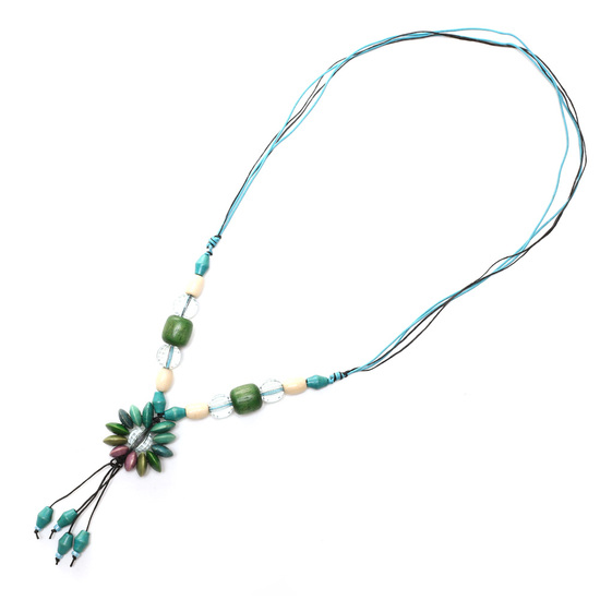 Black and blue cord with green wooden beads