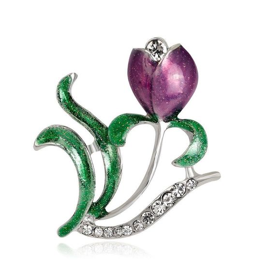 Silver-tone Purple Enamel Tulip with Crystal 