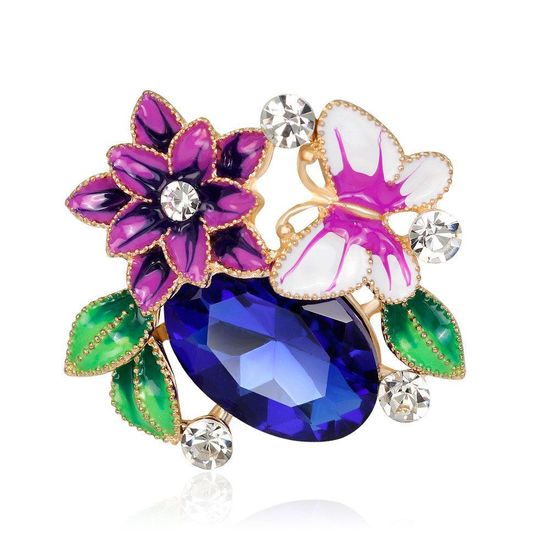 White Enamel Butterfly with Flower and Blue Crystal