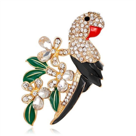 Black Enamel Diamante Parrot with White Crystal Flower
