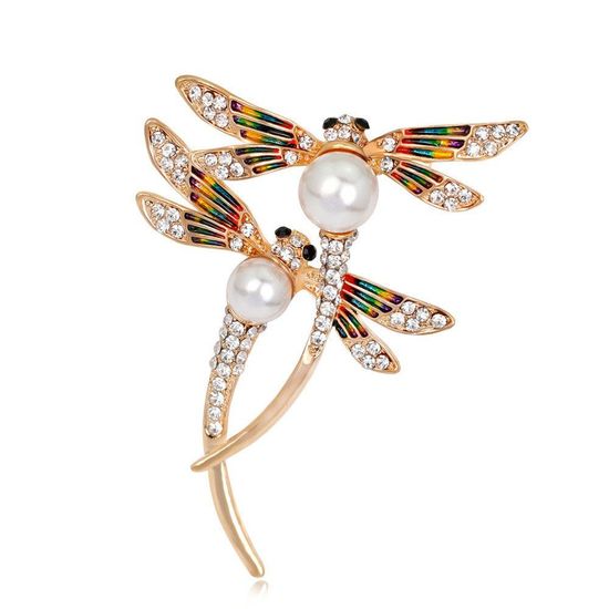 Gold-tone Couple Diamante Enamel Dragonfly with Simulated Pearl 