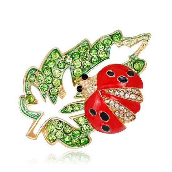 Red Crystal Ladybug with Green Diamante Leaf 