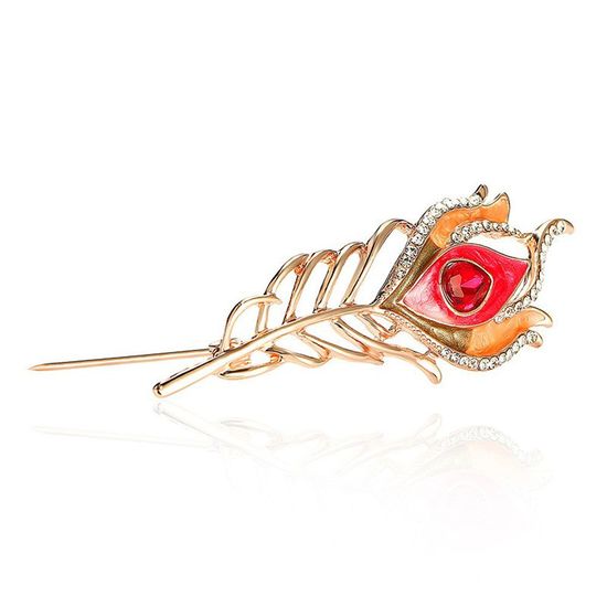 Gold-tone Enamel Peacock Feather with Red Crystal