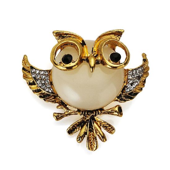 Antique Gold-tone Simulated Cat Eye Owl with Crystal...