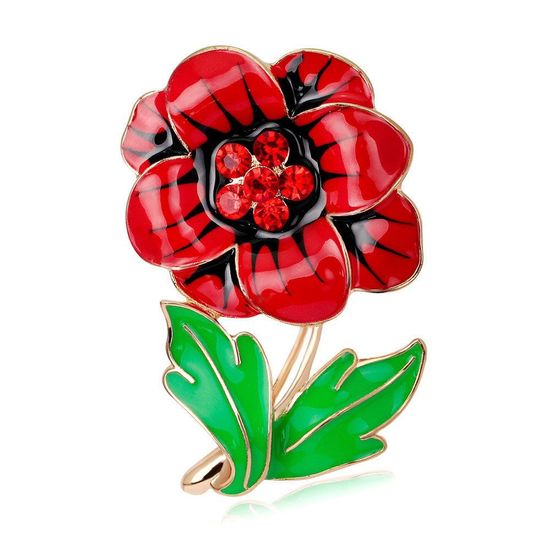 Red Enamel Crystal Poppy Flower Gold-tone