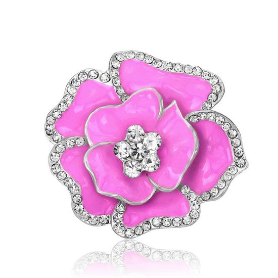 Pink Enamel Crystal Flower Silver-tone Brooch