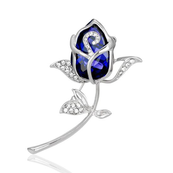 Blue Crystal Diamante Rose Flower Silver-tone 