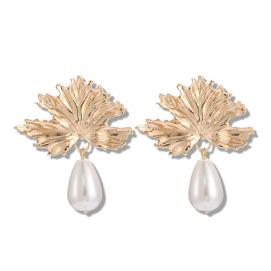 Gold Tone Maple Leaf and Teardrop Pearl Drop Earrings