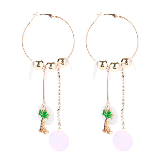 Gold Tone Hoop Statement Earrings with Beads, Sequins and Coconut Tree Charm