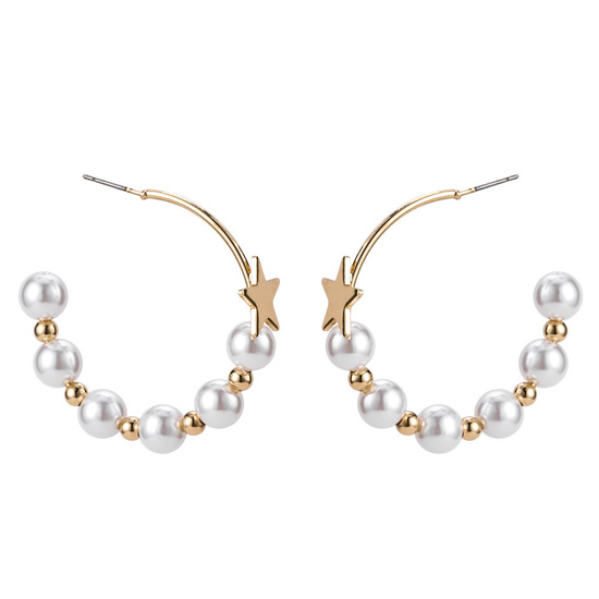 White Faux Pearl Bridal Hoop Statement Earrings with Gold Tone Star and Beads