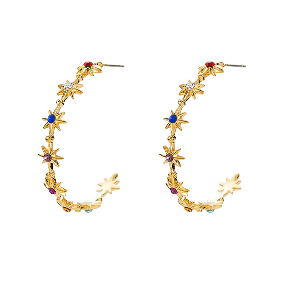Gold Tone Celestial Star Hoop Earrings with Multicoloured Crystals