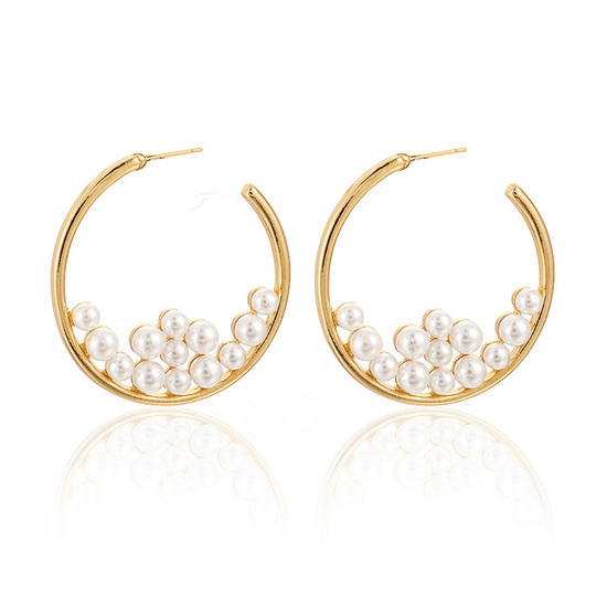 Gold Tone Faux Pearl Cluster Hoop Statement Earrings