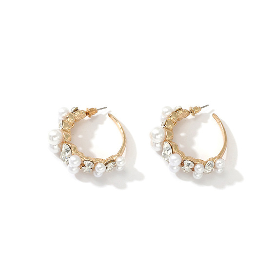 Gold Tone Faux Pearl and Crystal Hoop Earrings