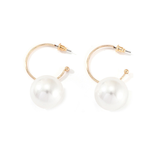 Gold Tone Big Faux Pearl Drop Hoop Earrings