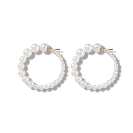White Faux Pearl Spiral Hoop Statement Earrings