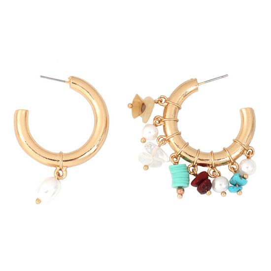 Gold Tone Faux Pearls and Stones Mismatched Hoop Earrings