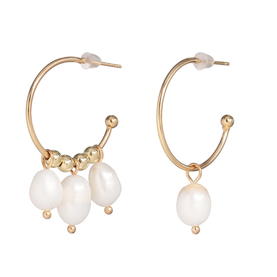 Gold Tone Mismatched Hoop Earrings with Baroque Freshwater Pearl Drops