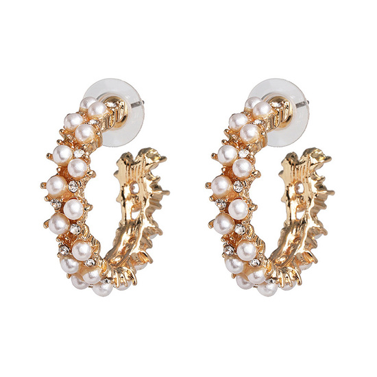 White Faux Pearl and Crystal Hoop Earrings in Gold Tone