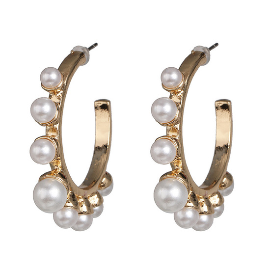 White Faux Pearl Hoop Earrings in Gold Tone