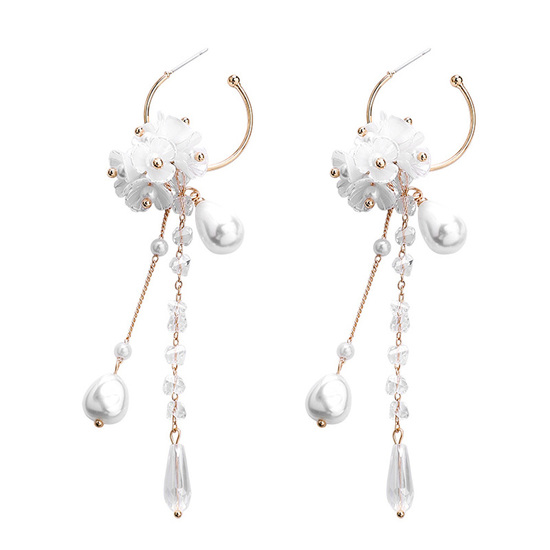 Bridal White Faux Pearl Flower Long Drop Hoop Earrings in Gold Tone