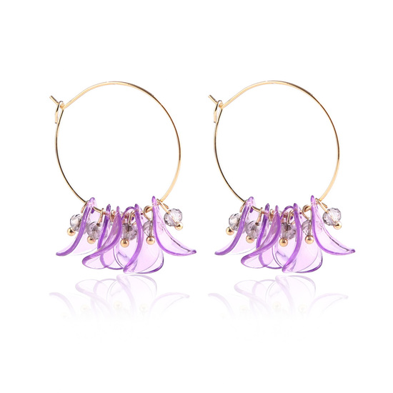 Gold Tone Hoop Earrings with Purple Petals and Beads