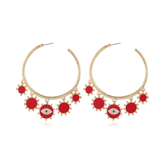 Large Red Evil Eye Enamel Hoop Earrings in Gold Tone