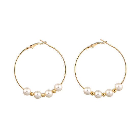 Large White Faux Pearl and Gold Tone Beaded Hoop...