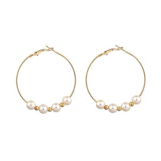 Large White Faux Pearl and Gold Tone Beaded Hoop Earrings