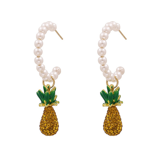 White Faux Pearl Hoop Earrings with Crystal Pineapple Drop