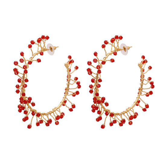 Handmade Red Beaded Oversized Statement Hoop Earrings