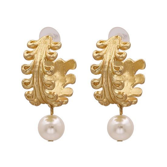 Chunky Gold Tone Leaf Hoop Earrings with Faux Pearl Drop
