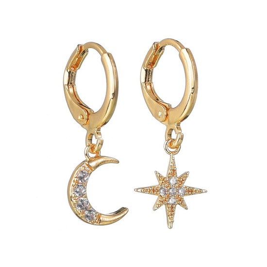 Crystal Moon and Star Mismatched Huggie Hoop Earrings in Gold Tone