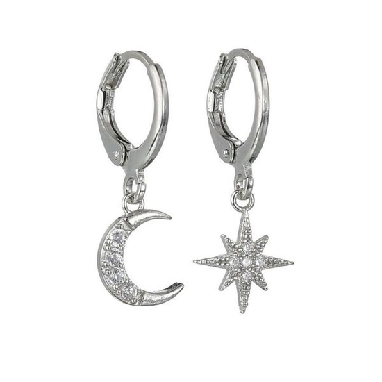 Crystal Moon and Star Mismatched Huggie Hoop Earrings in Silver Tone