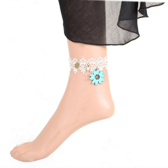 White lace with blue flower gothic vintage style adjustable anklet