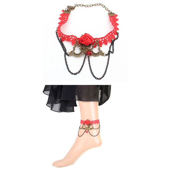Vintage red rose with chain gothic style lace adjustable anklet