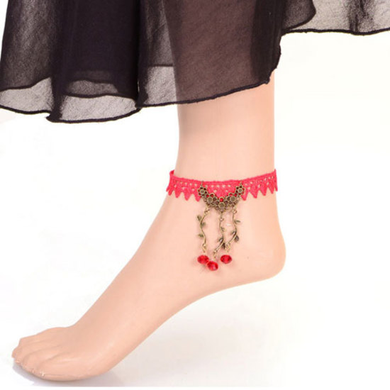 Gothic style red lace adjustable anklet with vintage flower and bead