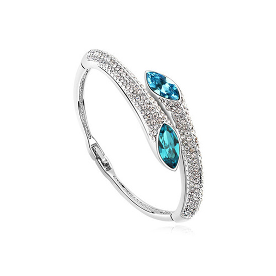 Elegant sea blue Austrian crystals with CZ calla lily inspired gold-plated hinged bangle