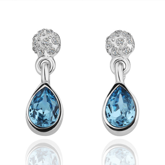 Eco-friendly alloy with blue Swarovski Elements crystal teardrop stud dangle earrings - Platinum color 