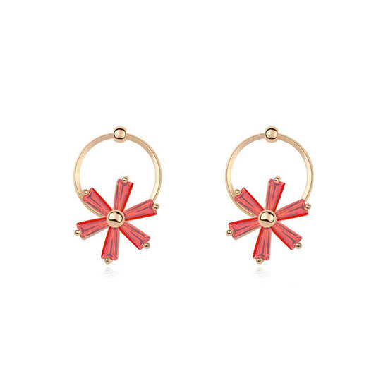 Gold-plated hoop stud earrings with red zircon flower Free Gift Box