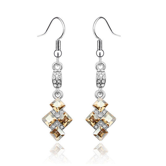 White gold-plated square combination Swarovski Elements Crystal dangle earrings (Golden Shadow)
