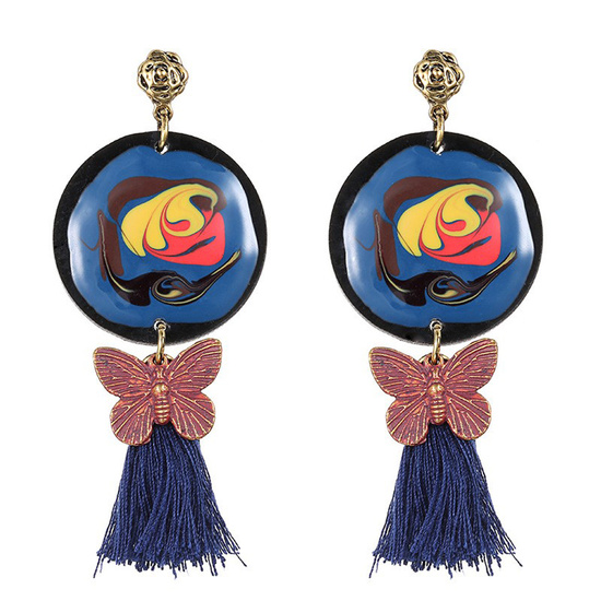 Unique blue disc with butterfly tassel statement drop stud earrings