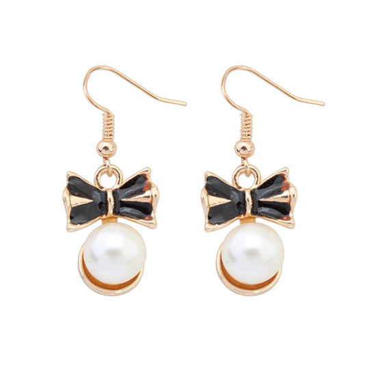 Lovely black bow and white faux pearl gold-tone drop earrings