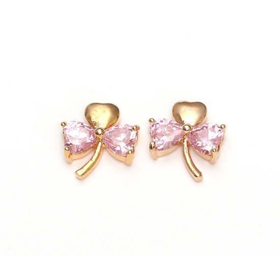 Pink zircon crystal gold-plated clover stud earrings