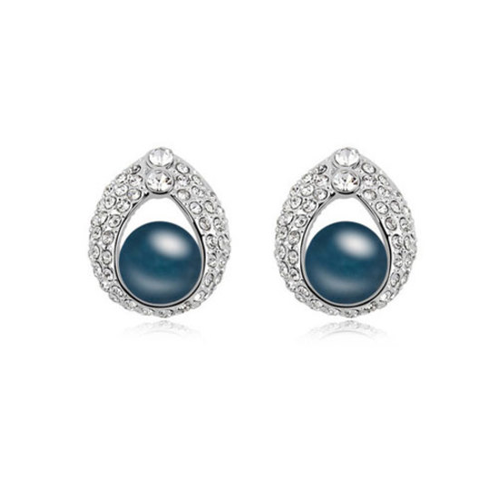 Blue Swarovski Elements Pearl with crystal teardrop gold-plated stud earrings