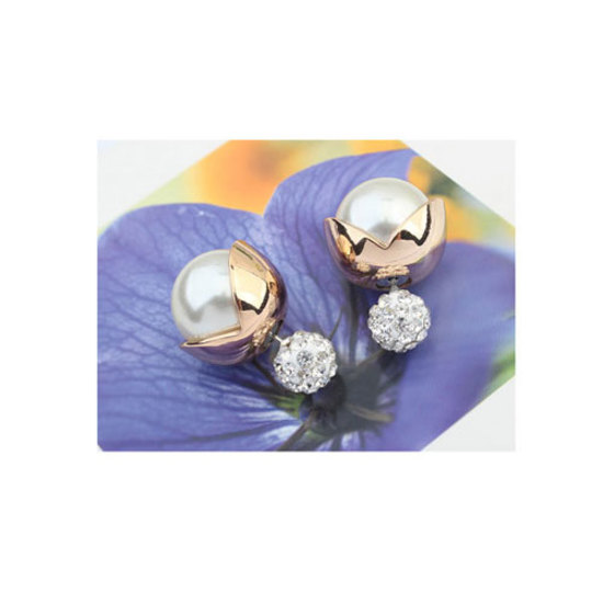 White pearl and gold tone leaf with rhinestone ball double-sided stud earrings