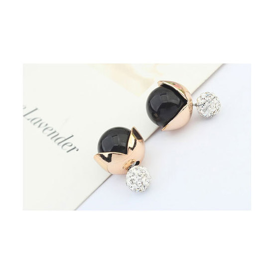 Black bead and gold tone leaf with rhinestone ball double-sided stud earrings